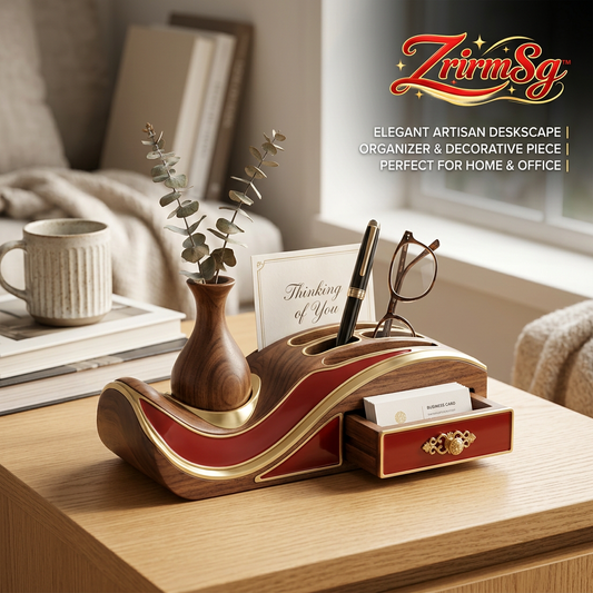 ZrirmSg™ Luxury Wooden Desk Organizer with Vase – Elegant Walnut Wood Deskscape Accessory with Mini Drawer, Pen & Glasses Holder, Mail Letter Sorter – Premium Office Decor & Executive Gift for Home & Work