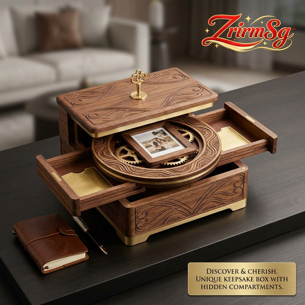 ZrirmSg™ Wooden Keepsake Box with Hidden Compartments, Vintage Mechanical Gear Jewelry Box with Photo Frame & Key, Decorative Memory Box Organizer for Rings, Letters & Treasures, Unique Anniversary & Wedding Gift