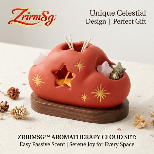 ZrirmSg™ Aromatherapy Cloud Set | Ceramic Passive Reed Diffuser with Star Crystals & Walnut Wood Base | Celestial Home Fragrance & Desktop Decor Gift Set for Relaxation, Meditation, Yoga, and Stress Relief