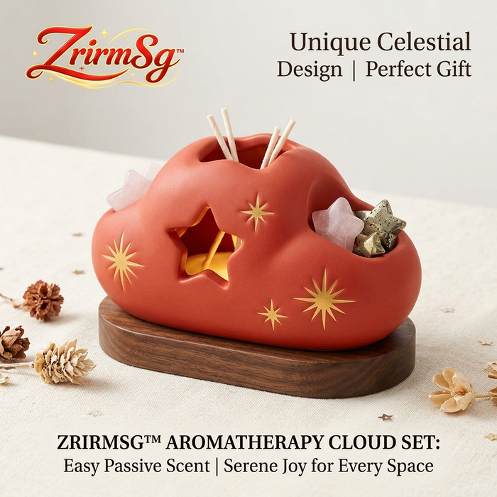 ZrirmSg™ Aromatherapy Cloud Set | Ceramic Passive Reed Diffuser with Star Crystals & Walnut Wood Base | Celestial Home Fragrance & Desktop Decor Gift Set for Relaxation, Meditation, Yoga, and Stress Relief