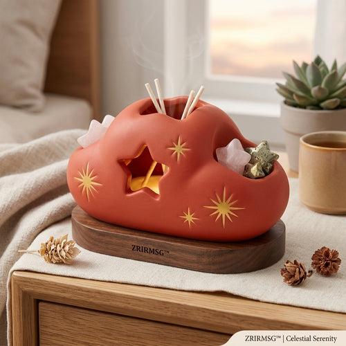 ZrirmSg™ Aromatherapy Cloud Set | Ceramic Passive Reed Diffuser with Star Crystals & Walnut Wood Base | Celestial Home Fragrance & Desktop Decor Gift Set for Relaxation, Meditation, Yoga, and Stress Relief